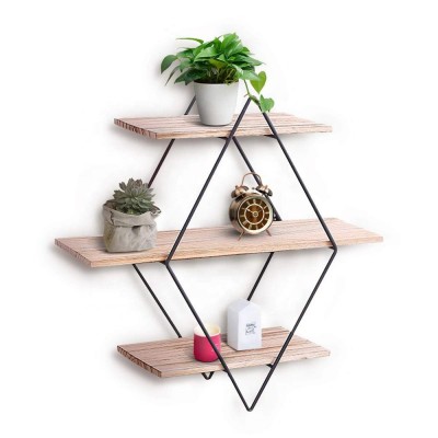 3-Tier Rustic Wooden Metal Diamond Wall Shelf Vintage Decorative Shelf