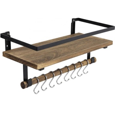 Rustic Wood Towel Bar Shelf for Bathroom Kitchen with removable Hooks