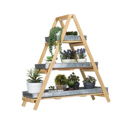 Wooden yard garden flower plant 3-tier step style stand with tin tray